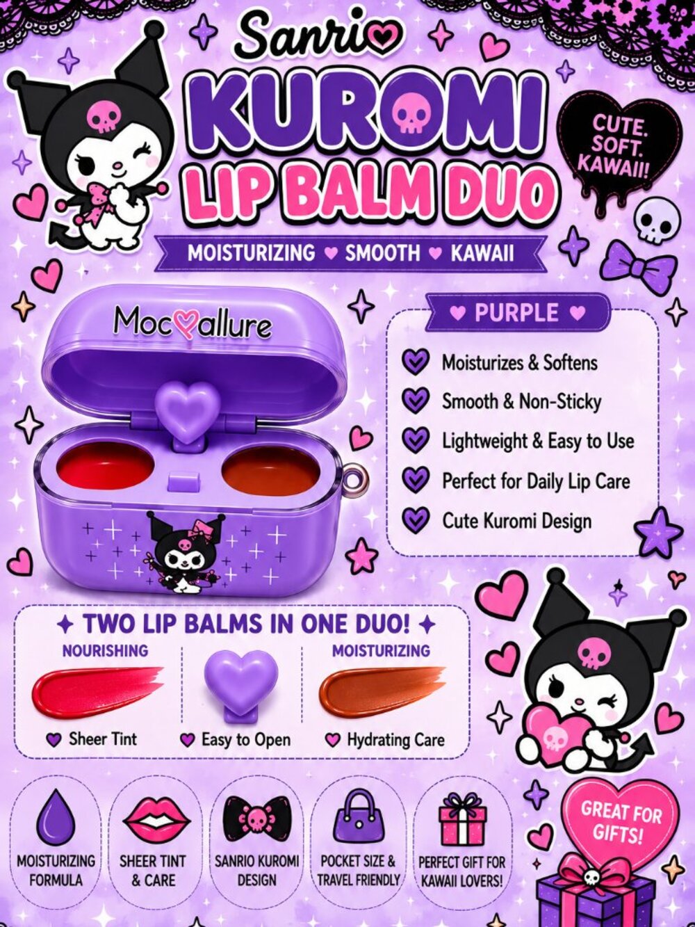 Sanrio Kuromi Lip Balm Duo — Purple Case with Red & Orange Tints
